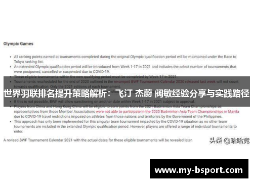 世界羽联排名提升策略解析：飞汀 杰蔚 阀敏经验分享与实践路径