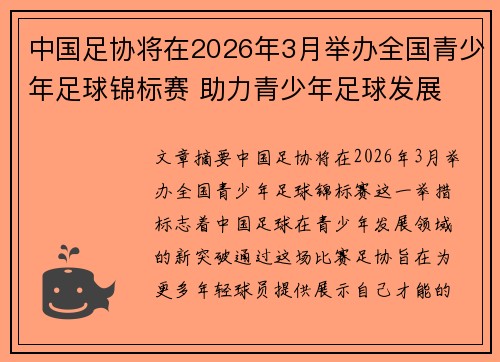 中国足协将在2026年3月举办全国青少年足球锦标赛 助力青少年足球发展